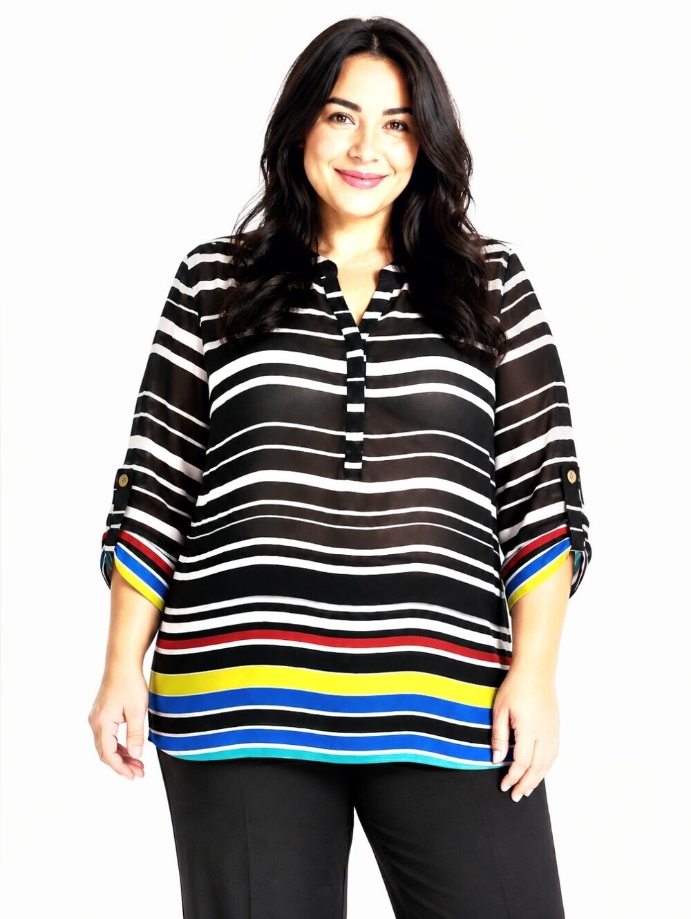 a.n.a. Black & White Stripe &  Multicolor Sheer Top, Button-tab Sleeve, Size 1X